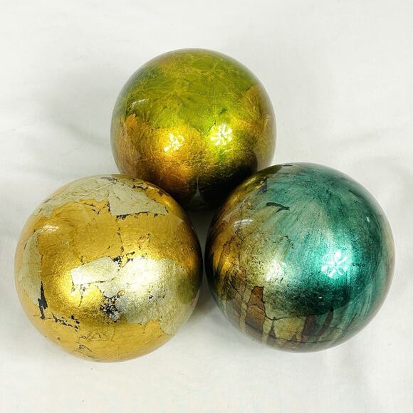 Set of 3 Pier 1 Imports Decorative Ceramic Foil Balls Teal Blue Green Gold 4” - Picture 1 of 5